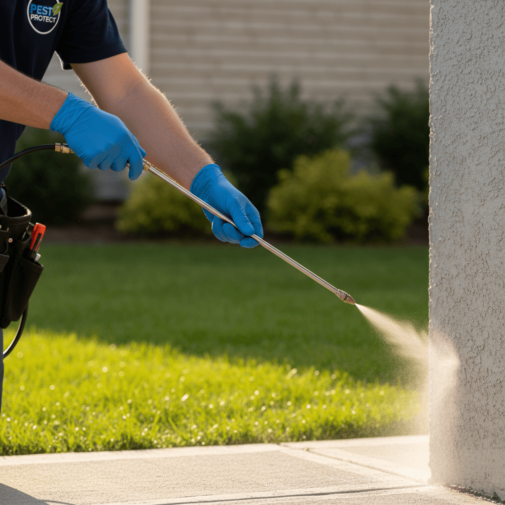 Pest control technician treating home exterior