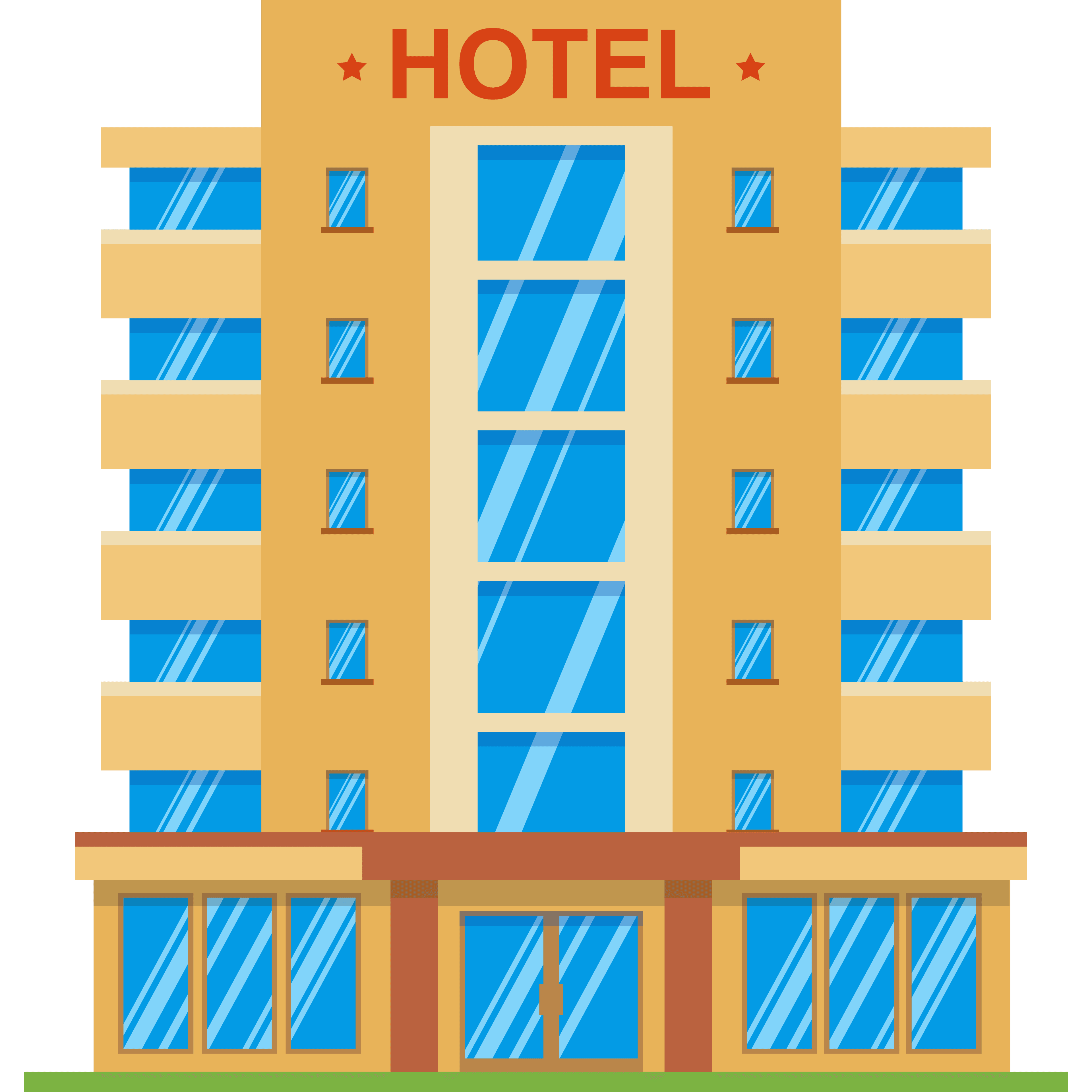 Tan multi-story hotel building with blue windows and a red "HOTEL" sign on top.