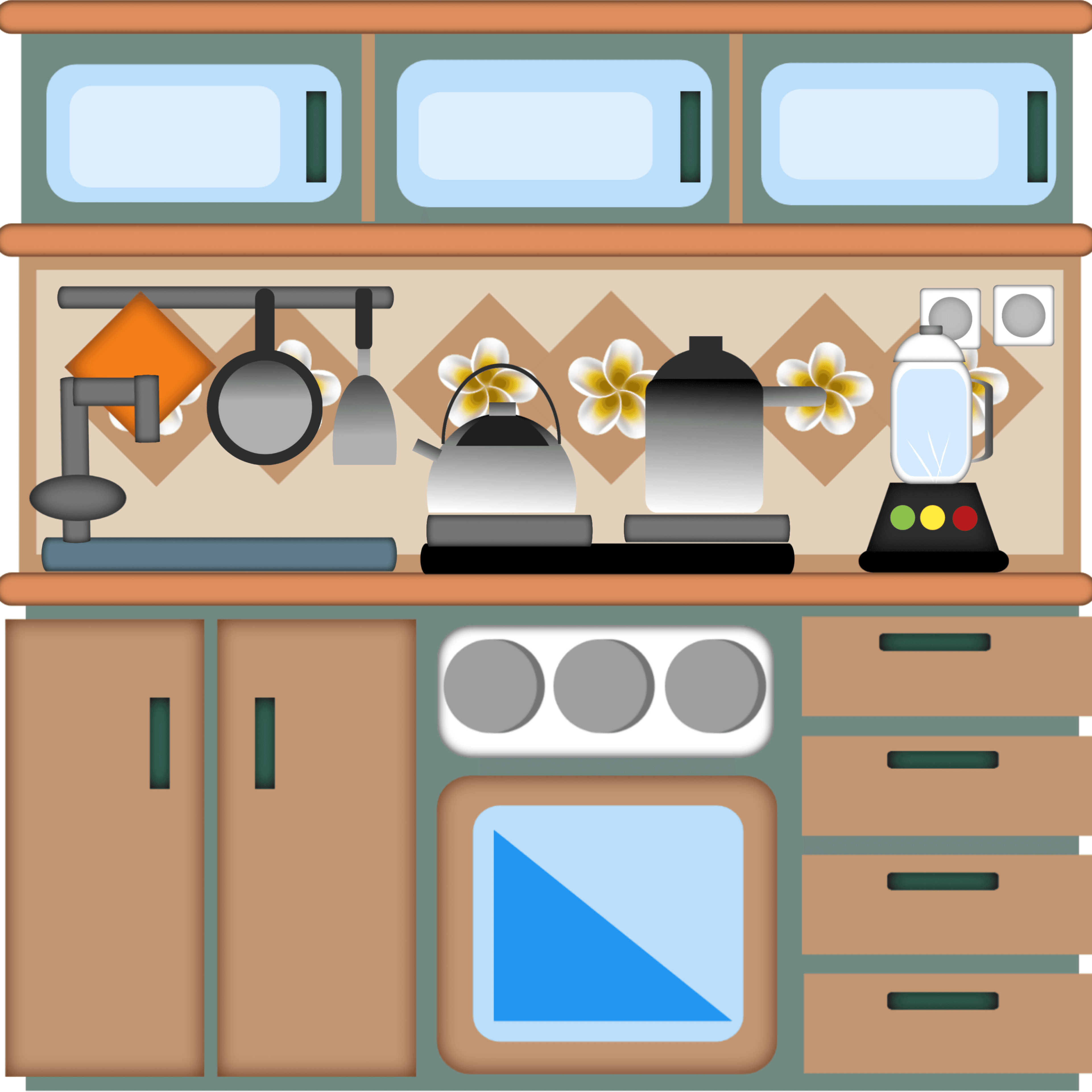 Stylized kitchen illustration featuring teal cabinets, floral backsplash, stove, kettle, blender, and a sink.