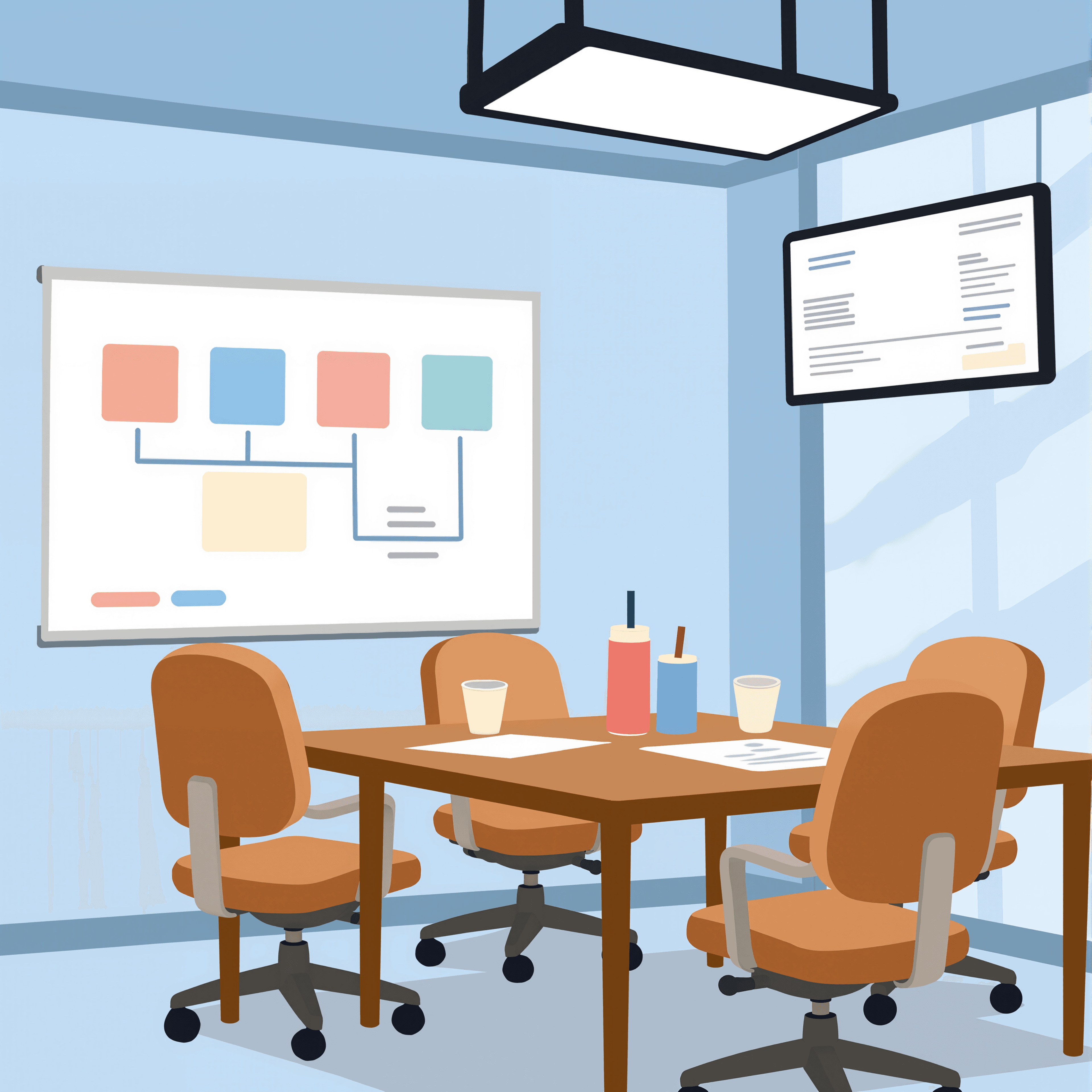 Modern meeting room illustration featuring a whiteboard flowchart, wooden table, and four orange chairs.
