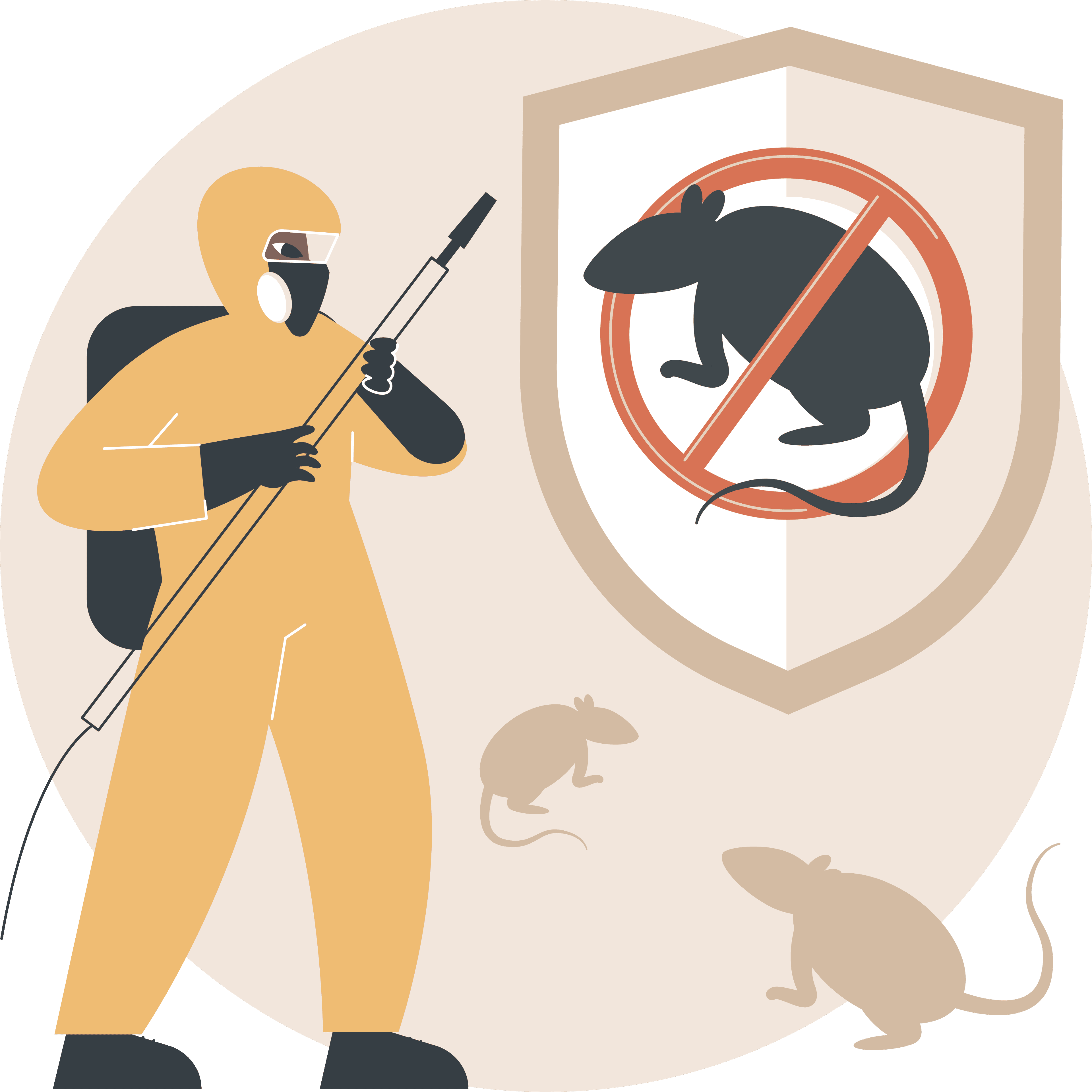 Exterminator in yellow hazmat suit holding a sprayer next to a shield with a no-rats symbol.