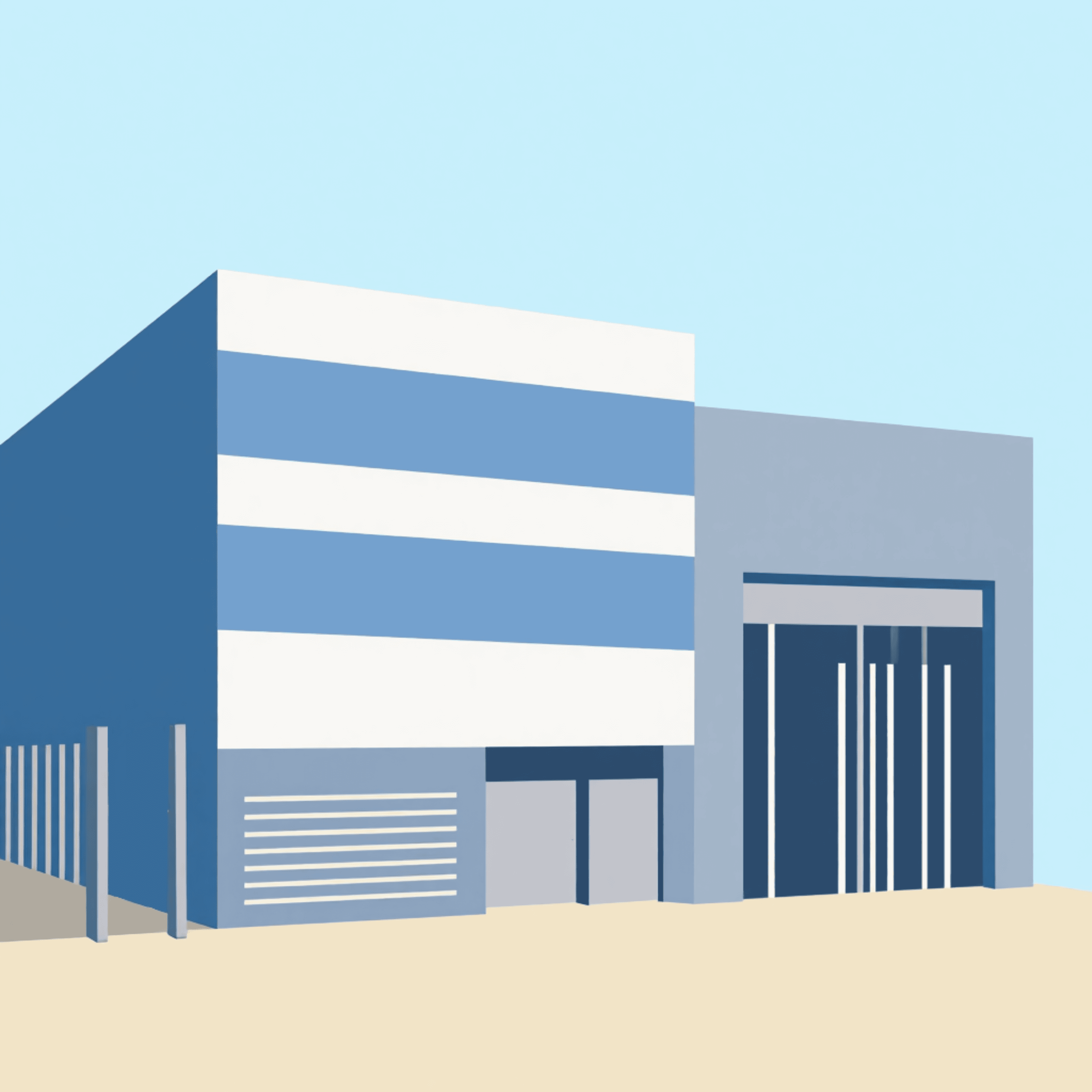 Minimalist blue and white striped modern building with a large dark entrance and clear sky.