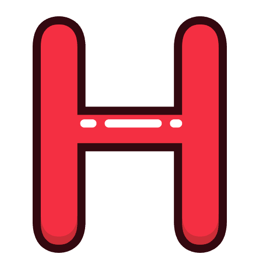 Red capital letter H with rounded corners, thick dark outlines, and white glossy highlights.