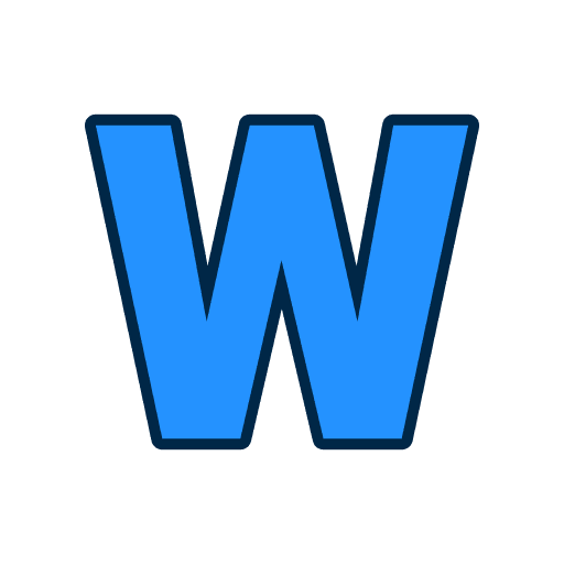 Bold capital letter W in bright blue with a thick dark blue outline on white.